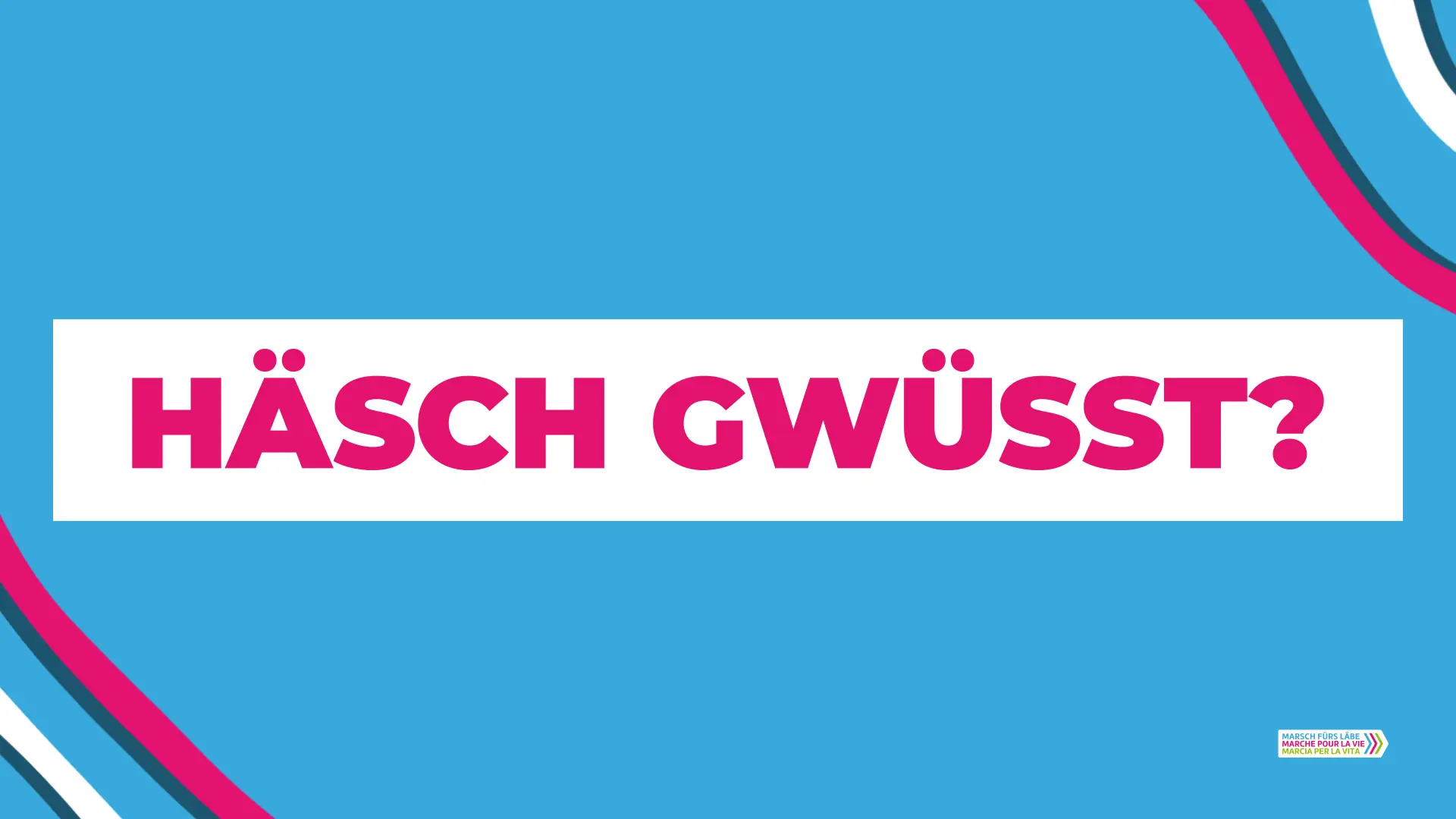 Dieses Bild zeigt das Titelbild der Pro-Life-Kampagne «Häsch gwüsst?». Es zeigt einen hellblauen Hintergrund mit pinken, weissen und dunkel gehaltenen Elementen zur Zierde am Rand und einen grossen, fetten Schriftzug in Pink, der die Frage «Häsch gwüsst?» darstellt.