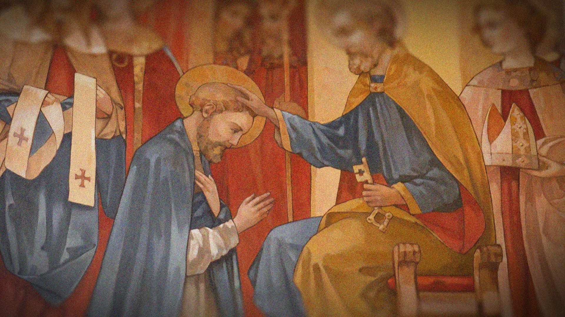Dieses Bild zeigt ein Kirchengemälde in der Kirche St. Karl Borromäus der Priesterbruderschaft St. Pius X. in Oberriet, auf dem zu sehen ist, wie der hl. Petrus den hl. Apollinaris salbt und als Bischof ins italienische Ravenna entsendet.